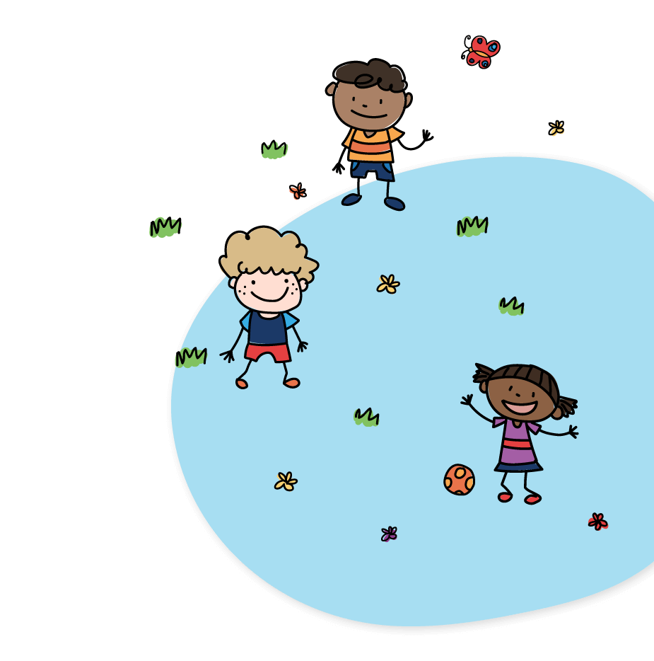 illustration of kids playing infront of a house with a red roof